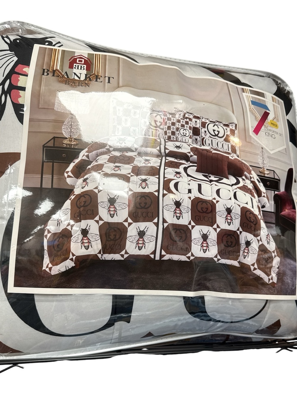Gucci Brown and White Checker Logo & Bee Comforter